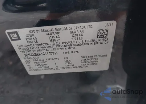 2012 Chevrolet Equinox Ls из США, поврежденный, VIN 2GNALBEK1C1140351